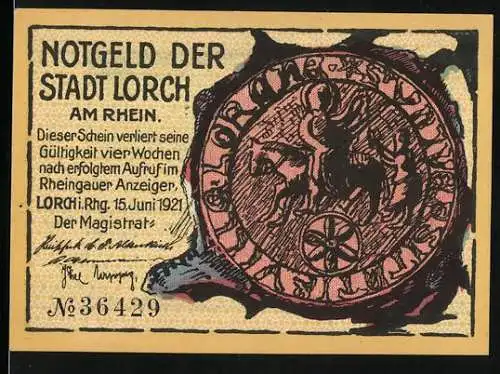 Notgeld Lorch am Rhein 1921, 25 Pfennig, historische Stadtansicht mit Arbeiter und Stadtwappen