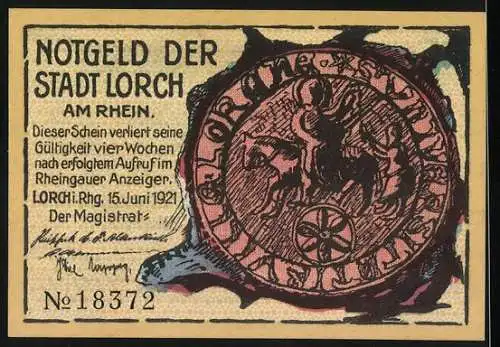 Notgeld Lorch 1921, 25 Pfennig, Turner vor Berglandschaft und Stadtsiegel mit Löwe