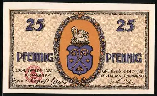 Notgeld Luckenwalde, 1921, 25 Pfennig, Stadtwappen und Stadtansicht