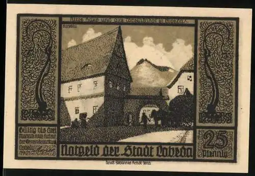 Notgeld Lobeda, 1921, 25 Pfennig, historische Gebäude und Figuren mit Burgansicht