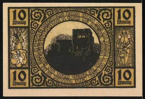 Notgeld Lobeda, 1921, 10 Pfennig, Stadtansicht und Ritter mit Wappen