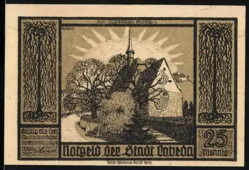 Notgeld Lobeda 1921, 25 Pfennig, Kirche mit Bäumen und Burgruine mit Rittern und Heiligen