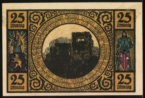 Notgeld Lobeda 1921, 25 Pfennig, Kirche mit Bäumen und Burgruine mit Rittern und Heiligen