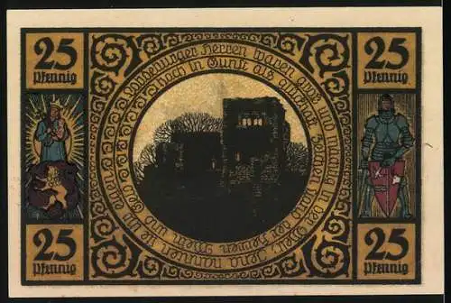 Notgeld Lobeda, 1921, 25 Pfennig, Kirche und Ruine mit Rittern