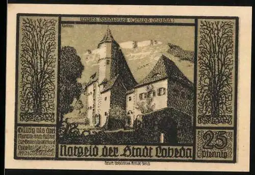 Notgeld Lobeda 1921, 25 Pfennig, Abbildung einer Burg und Ruinen mit Verzierungen und Rittern