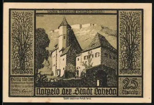 Notgeld Lobeda 1921, 25 Pfennig, Schloss und Ruine, zwei Bäume und Ritter mit Wappen