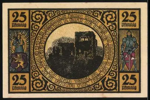 Notgeld Lobeda 1921, 25 Pfennig, Schloss und Ruine, zwei Bäume und Ritter mit Wappen