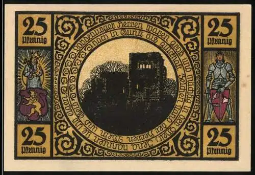 Notgeld Lobeda 1921, 25 Pfennig, Ruine und Gebäude mit Torbogen, umlaufende Inschrift