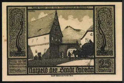 Notgeld Lobeda 1921, 25 Pfennig, Ruine und Gebäude mit Torbogen, umlaufende Inschrift