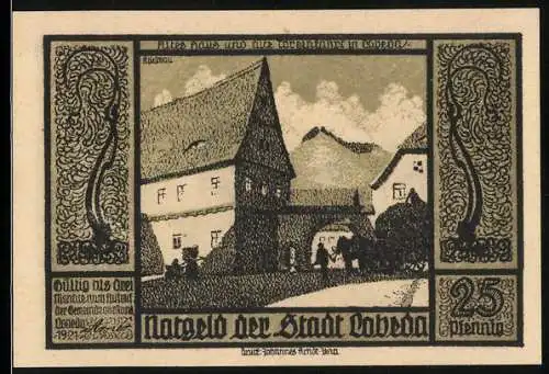 Notgeld Lobeda 1921, 25 Pfennig, historische Gebäude und Ruine mit Verzierungen