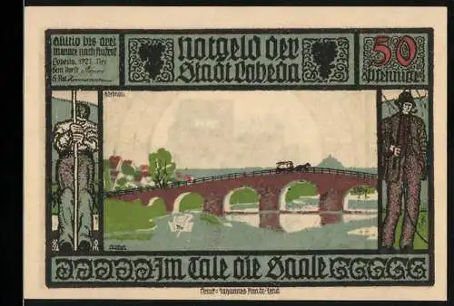 Notgeld Lobeda 1921, 50 Pfennig, Stadtansicht und Saalebrücke, Burg und Ritterabbildungen