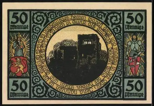 Notgeld Lobeda 1921, 50 Pfennig, Stadtansicht und Saalebrücke, Burg und Ritterabbildungen