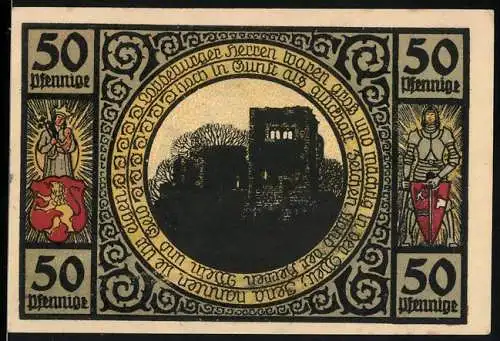 Notgeld Lobeda 1921, 50 Pfennig, mittelalterliche Burg und Stadtansicht