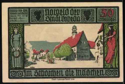 Notgeld Lobeda 1921, 50 Pfennig, mittelalterliche Burg und Stadtansicht