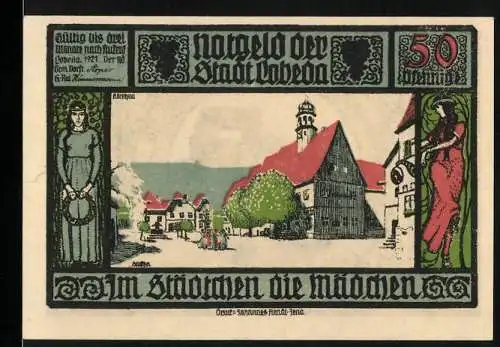 Notgeld Lobeda 1921, 50 Pfennig, Stadtansicht mit Kirche und Burgsilhouette