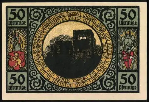 Notgeld Lobeda 1921, 50 Pfennig, Stadtansicht mit Kirche und Burgsilhouette