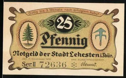 Notgeld Lehesten 1920, 25 Pfennig, Vorderseite mit Baum und Symbol, Rückseite mit Tafel und Kind