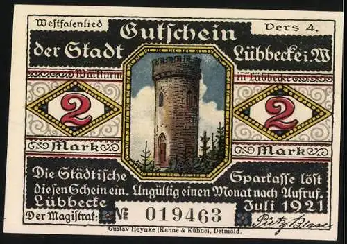 Notgeld Lübbecke, 1921, 2 Mark, historische Szene und Turmabbildung