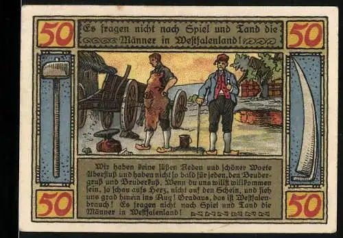 Notgeld Lübbecke 1921, 50 Pfennig, Westfalenlied, Männer in traditioneller Kleidung