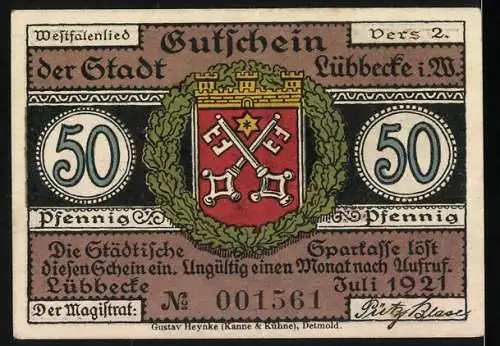 Notgeld Lübbecke 1921, 50 Pfennig, Westfalenlied, Männer in traditioneller Kleidung