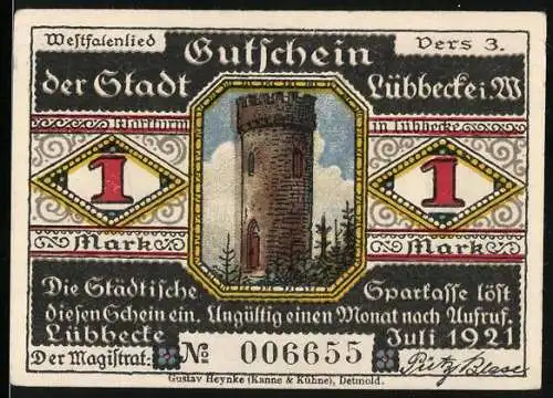 Notgeld Lübbecke, 1921, 1 Mark, Gutschein der Stadt mit Turm und westfälischer Szene