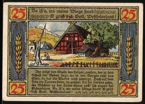 Notgeld Lübbecke, 1921, 25 Pfennig, Westfalenlandschaft mit Fachwerkhaus und Stadtwappen