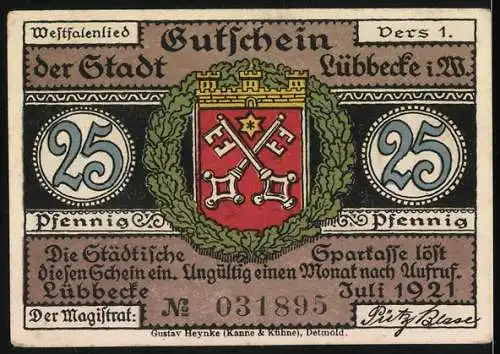 Notgeld Lübbecke, 1921, 25 Pfennig, Westfalenlandschaft mit Fachwerkhaus und Stadtwappen