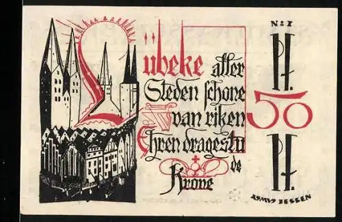 Notgeld Lübeck, 1921, 50 Pfennig, Stadtansicht und Adler mit Stadtwappen