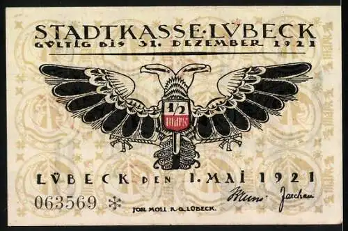 Notgeld Lübeck, 1921, 50 Pfennig, Stadtansicht und Adler mit Stadtwappen