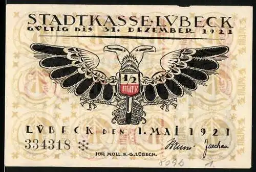 Notgeld Lübeck 1921, 1 /2 Mark, Adler mit Wappen und gotische Schrift mit Stadtturm