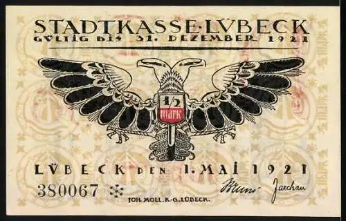 Notgeld Lübeck 1921, 50 Pfennig, Turm-Gebäude, der Lübsche Doppeladler