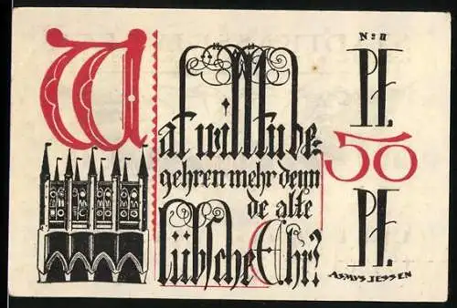 Notgeld Lübeck 1921, 50 Pf, gotischer Text mit Architektur und Adler mit Wappen