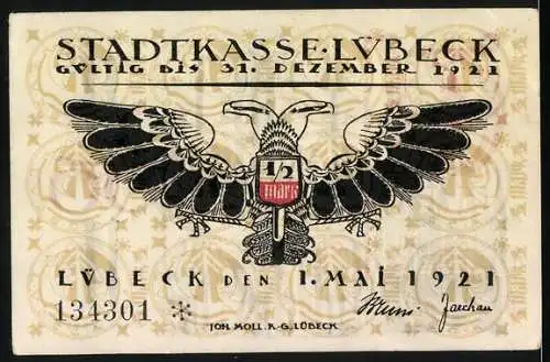 Notgeld Lübeck 1921, 50 Pf, gotischer Text mit Architektur und Adler mit Wappen