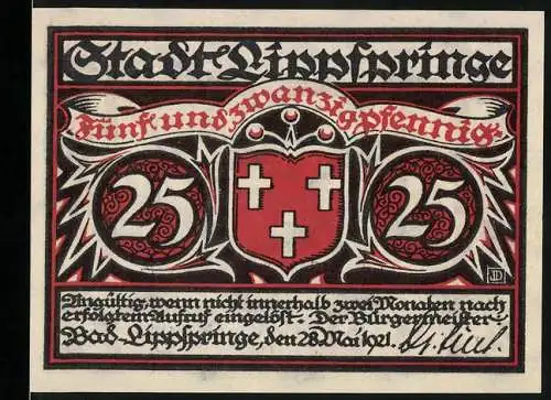 Notgeld Bad Lippspringe, 1921, 25 Pfennig, Stadtwappen und Pferdefuhrwerk vor Wald-Naturtheater