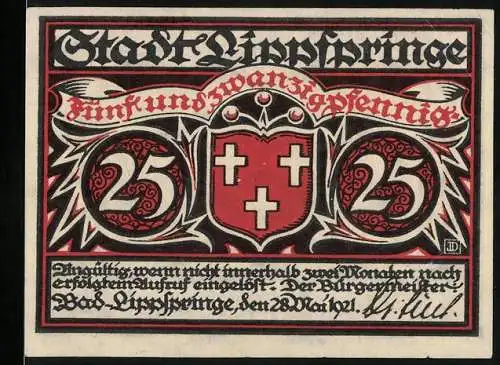 Notgeld Bad Lippspringe, 1921, 25 Pfennig, Vorderseite Stadtwappen Rückseite Bauer mit Pferd