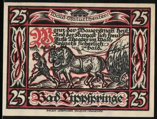 Notgeld Bad Lippspringe, 1921, 25 Pfennig, Wald-Naturtheater mit Bauer und Pferd, Stadtwappen und Inschrift