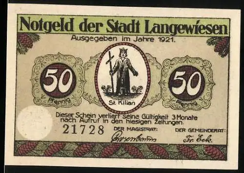 Notgeld Langewiesen, 1921, 50 Pfennig, St. Kilian und Rathausabbildung