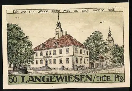 Notgeld Langewiesen, 1921, 50 Pfennig, St. Kilian und Rathausabbildung