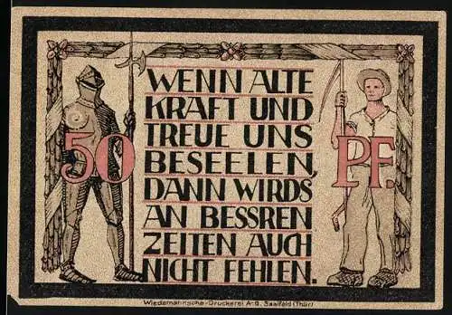 Notgeld Lauenstein, 50 Pfennig, Ritter und Arbeiter mit Spruch, Burgansicht, gültig bis 4 Wochen nach Aufruf