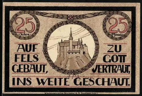 Notgeld Lauenstein 1921, 25 Pfennig, Auf Fels Gebaut Zu Gott Vertraut Ins Weite Geschaut