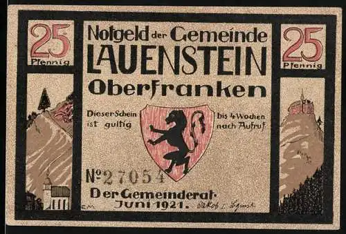 Notgeld Lauenstein 1921, 25 Pfennig, Streifen mit Löwe und Burg auf Fels, Text Auf Fels gebaut, zu Gott vertraut ...