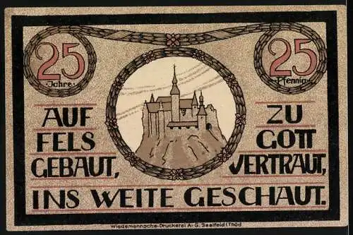 Notgeld Lauenstein 1921, 25 Pfennig, Streifen mit Löwe und Burg auf Fels, Text Auf Fels gebaut, zu Gott vertraut ...