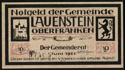 Notgeld Lauenstein 1921, 10 Pfennig, Gemeinde Lauenstein Oberfranken - Burg und Löwe