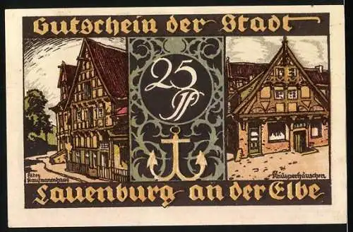 Notgeld Lauenburg a.d. Elbe, 25 Pf, historische Gebäude und Schützengilde-Motiven