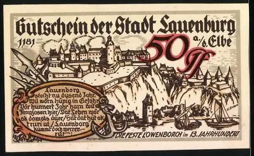 Notgeld Lauenburg, 1921, 50 Pfennig, Stadtansicht und Festung im 13. Jahrhundert