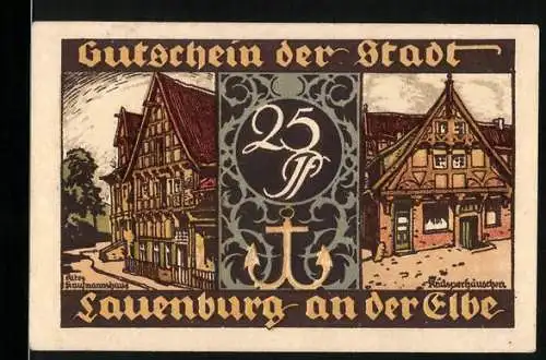 Notgeld Lauenburg an der Elbe, 25 Pf, Altes Amtsverwalterhaus & Schützenverein Illustrationen