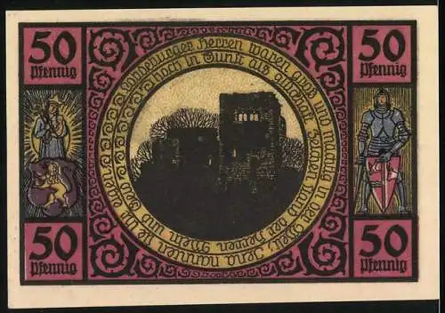 Notgeld Lobeda 1921, 50 Pfennig, Burgansicht und Ritter in Rüstung