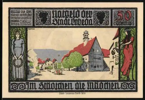 Notgeld Lobeda 1921, 50 Pfennig, Stadtansicht mit Mädchen und Kirche, Ruine mit Ritter und Wappen