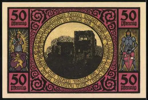 Notgeld Lobeda 1921, 50 Pfennig, Stadtansicht mit Mädchen und Kirche, Ruine mit Ritter und Wappen