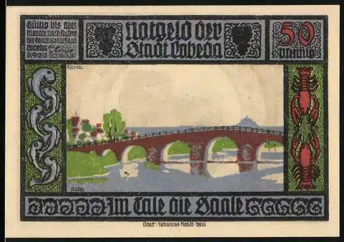 Notgeld Lobeda, 1921, 50 Pfennig, Brücke über die Saale und Burgansicht